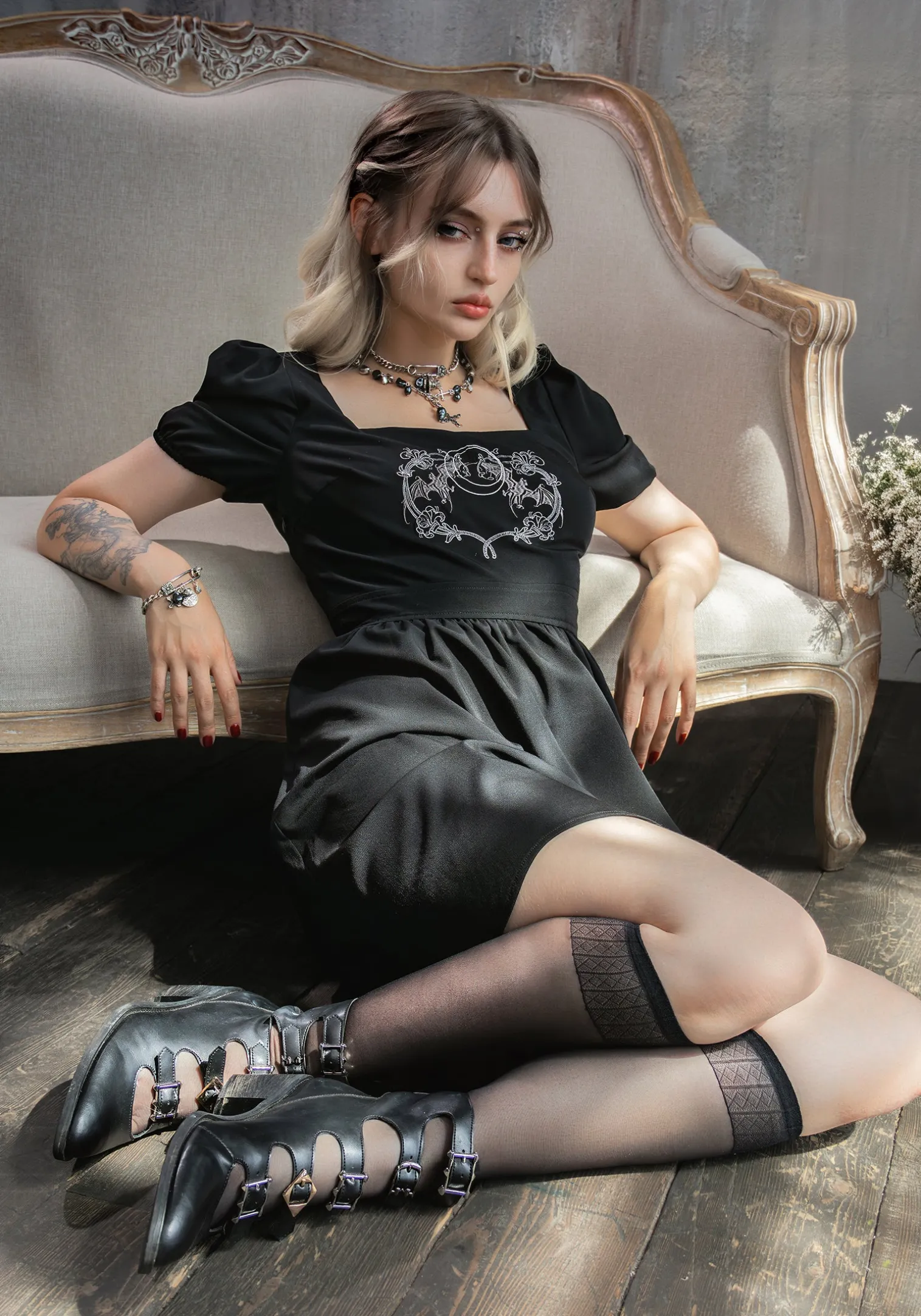 Vampyrum Bat Embroidered Puff Sleeve Mini Dress