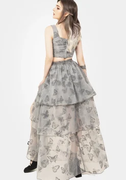 Vanessa Butterfly Print Organza Front Split Tiered Maxi Skirt