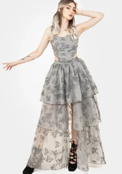 Vanessa Butterfly Print Organza Front Split Tiered Maxi Skirt