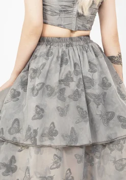 Vanessa Butterfly Print Organza Front Split Tiered Maxi Skirt