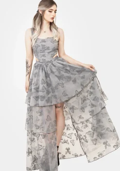 Vanessa Butterfly Print Organza Front Split Tiered Maxi Skirt