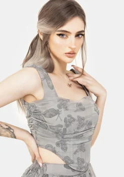Vanessa Butterfly Print Organza Ruched Bodice Corset Top