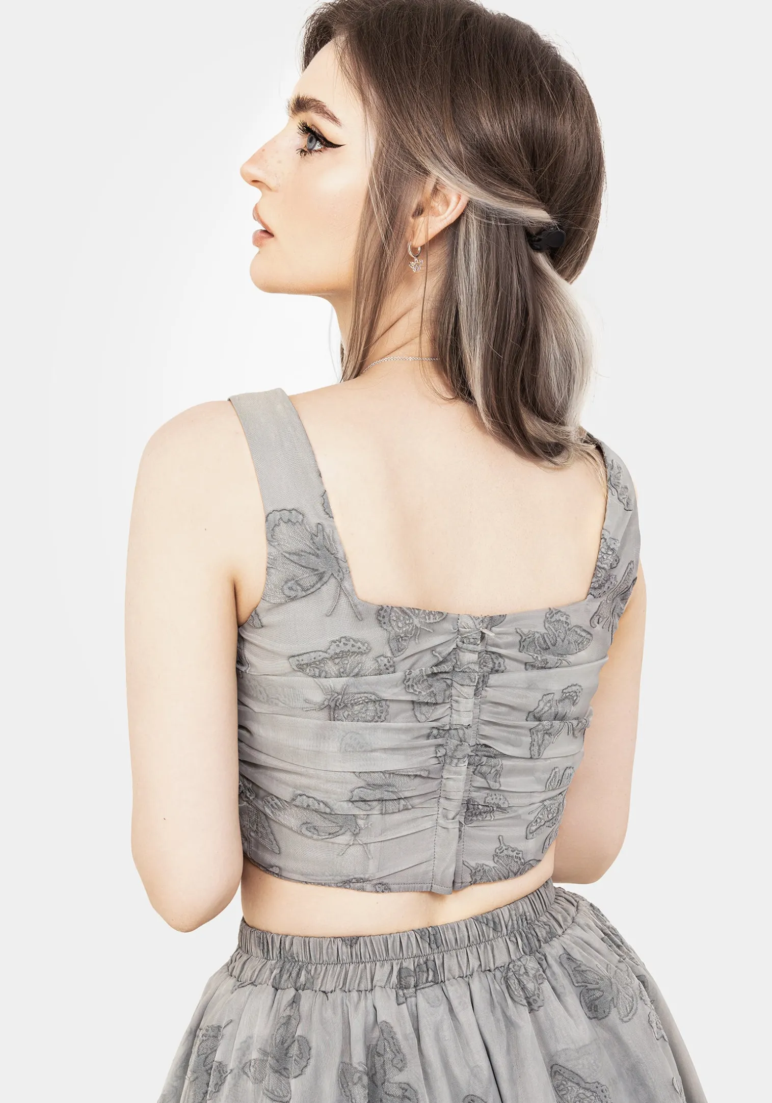 Vanessa Butterfly Print Organza Ruched Bodice Corset Top