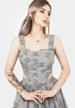 Vanessa Butterfly Print Organza Ruched Bodice Corset Top