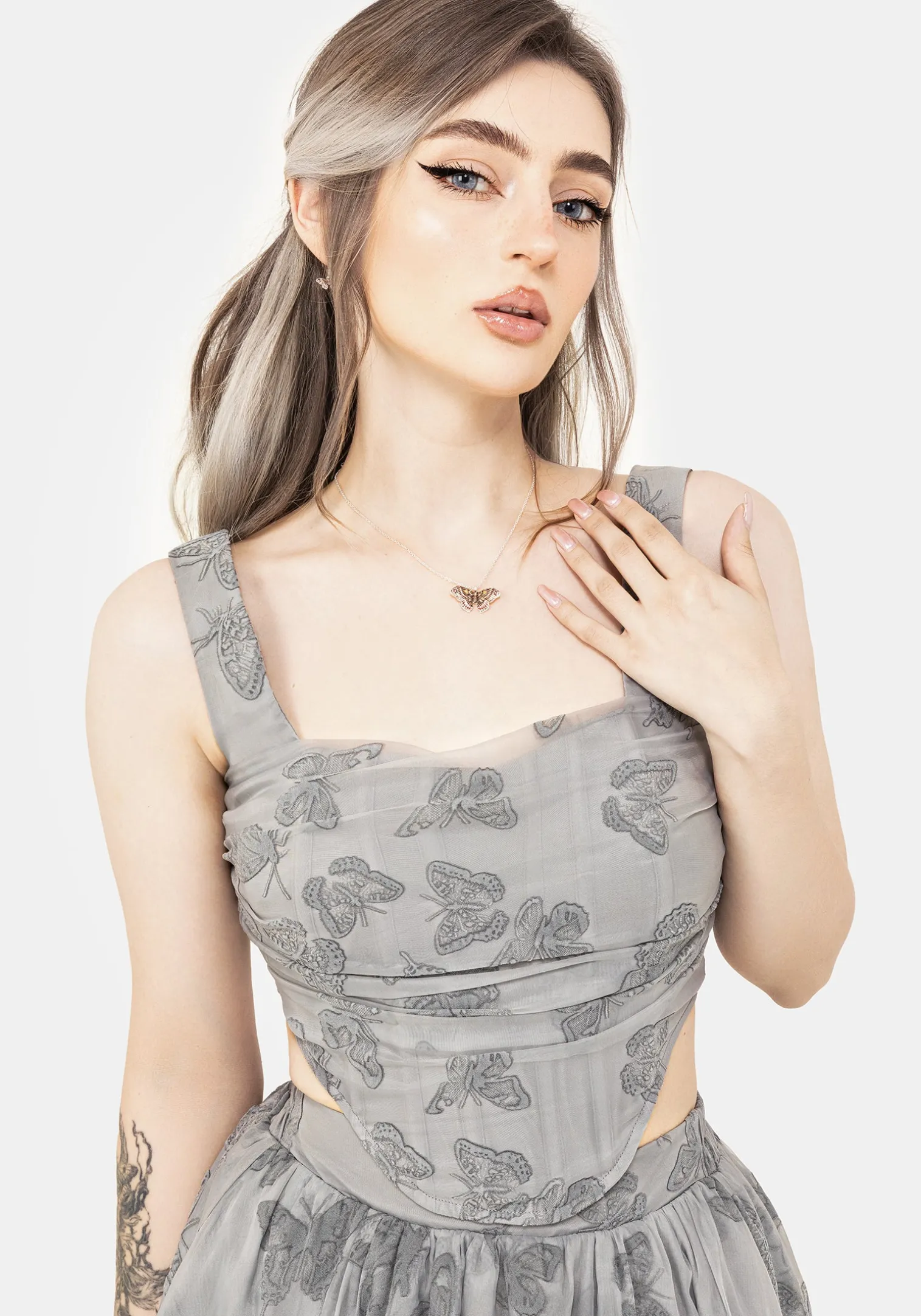 Vanessa Butterfly Print Organza Ruched Bodice Corset Top