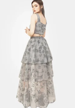 Vanessa Butterfly Print Organza Ruched Bodice Corset Top