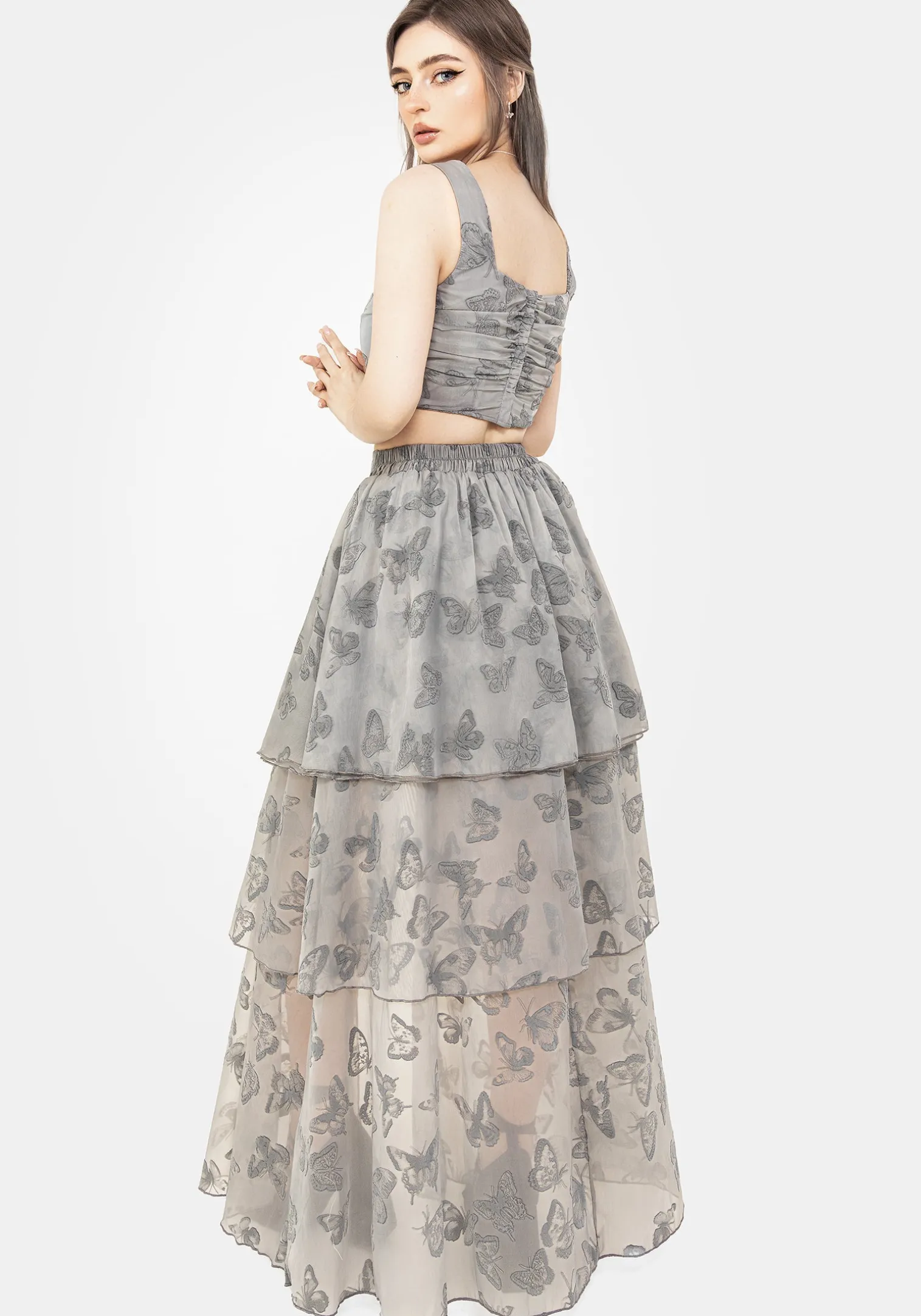 Vanessa Butterfly Print Organza Ruched Bodice Corset Top