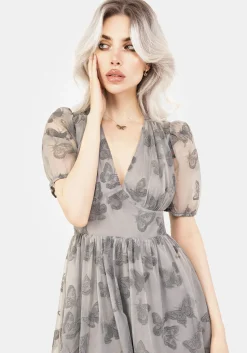 Vanessa Butterfly Print Organza Puff Sleeve Midaxi Dress