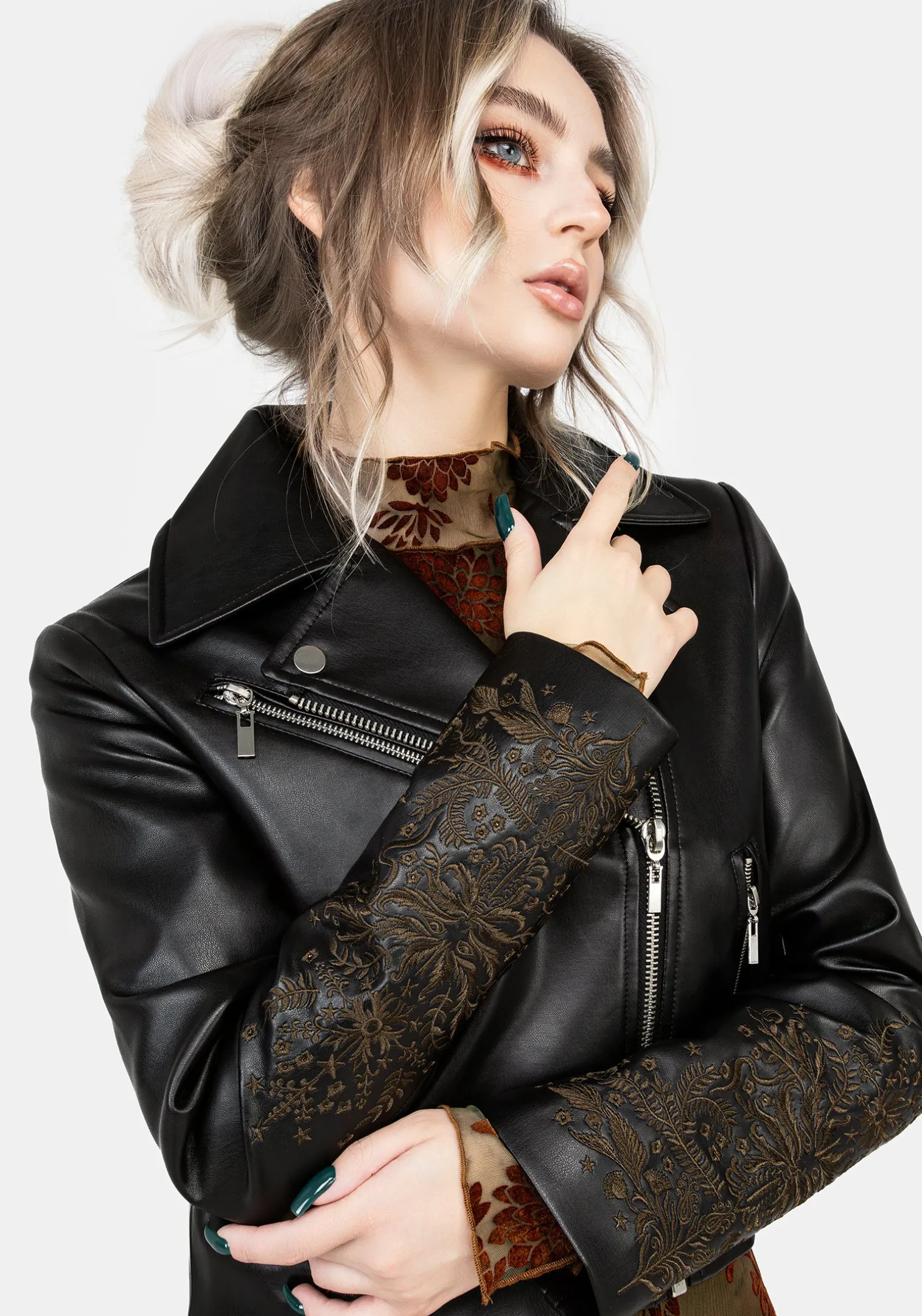 Vervain Embroidered Faux Leather Biker Jacket