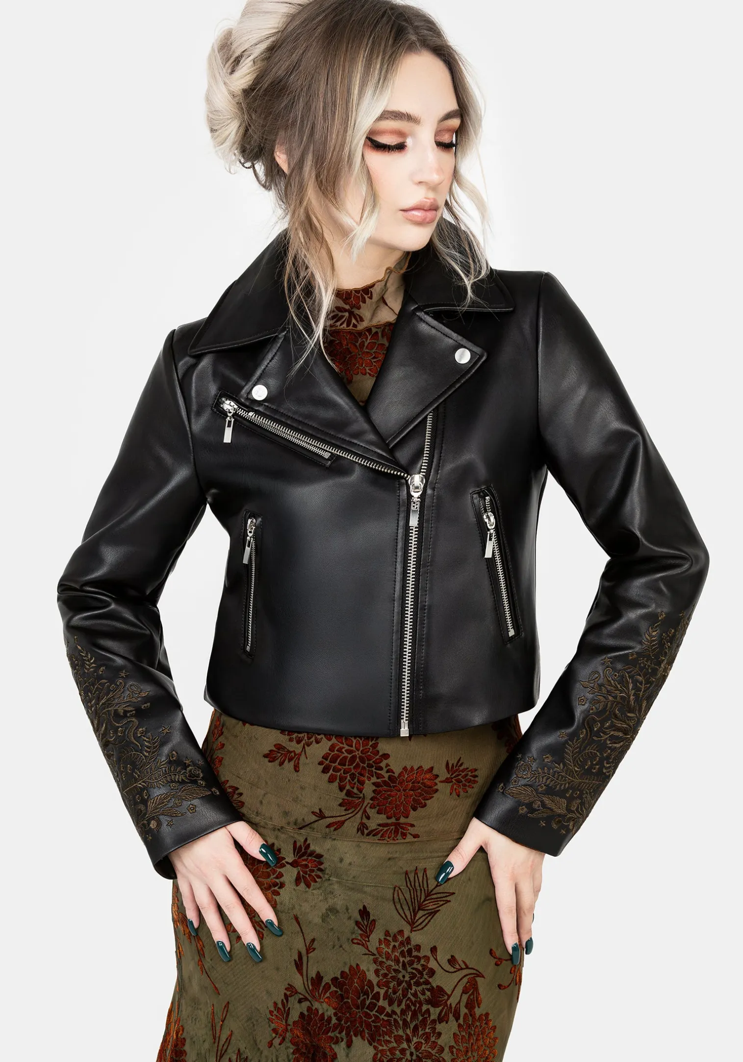 Vervain Embroidered Faux Leather Biker Jacket