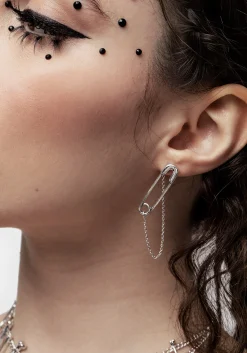 Vicious Silver Plated Safety Pin Stud Earrings With Chain