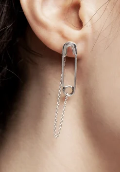 Vicious Silver Plated Safety Pin Stud Earrings With Chain