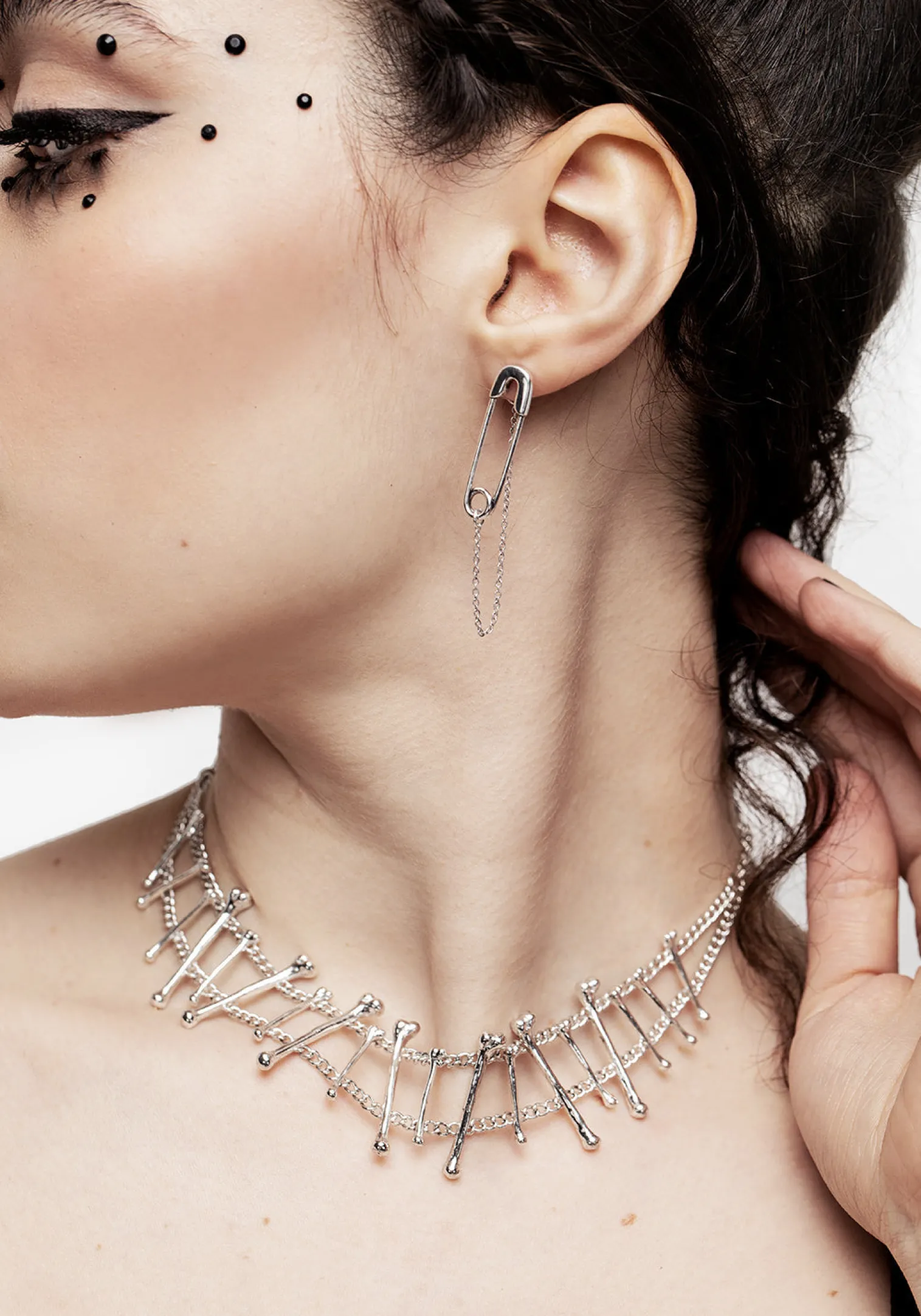 Vicious Silver Plated Safety Pin Stud Earrings With Chain