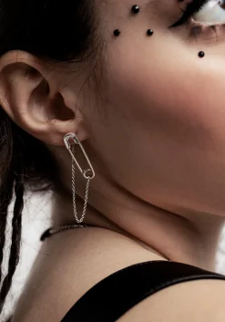 Vicious Silver Plated Safety Pin Stud Earrings With Chain