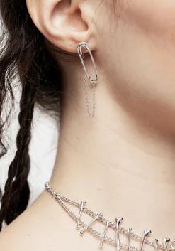 Vicious Silver Plated Safety Pin Stud Earrings With Chain