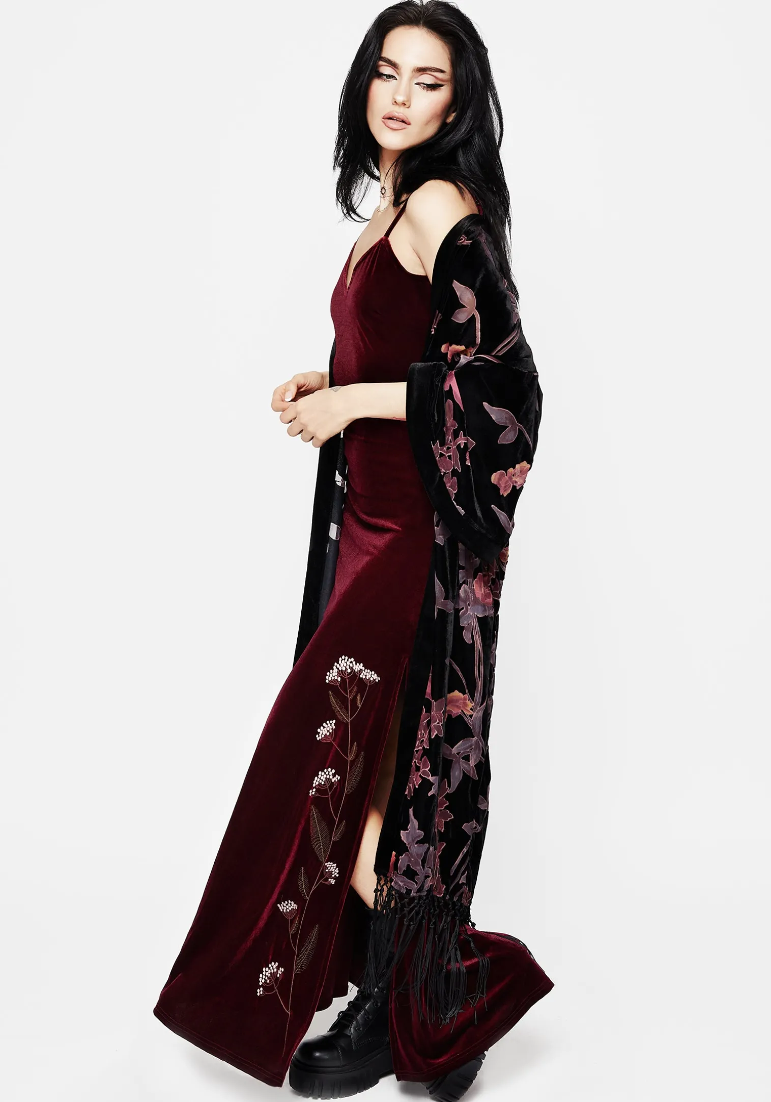 Virosa Floral Embroidered Velour Gown