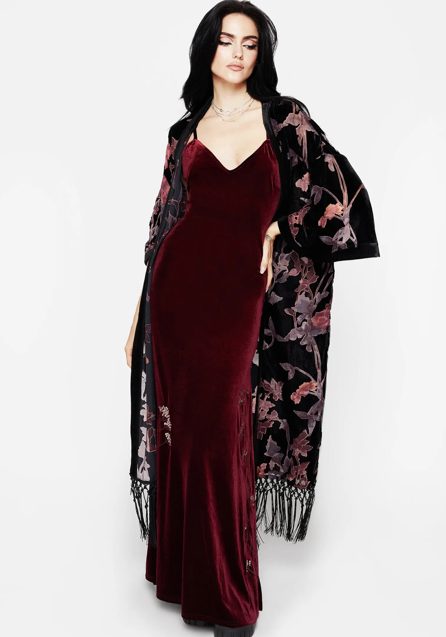 Virosa Floral Embroidered Velour Gown