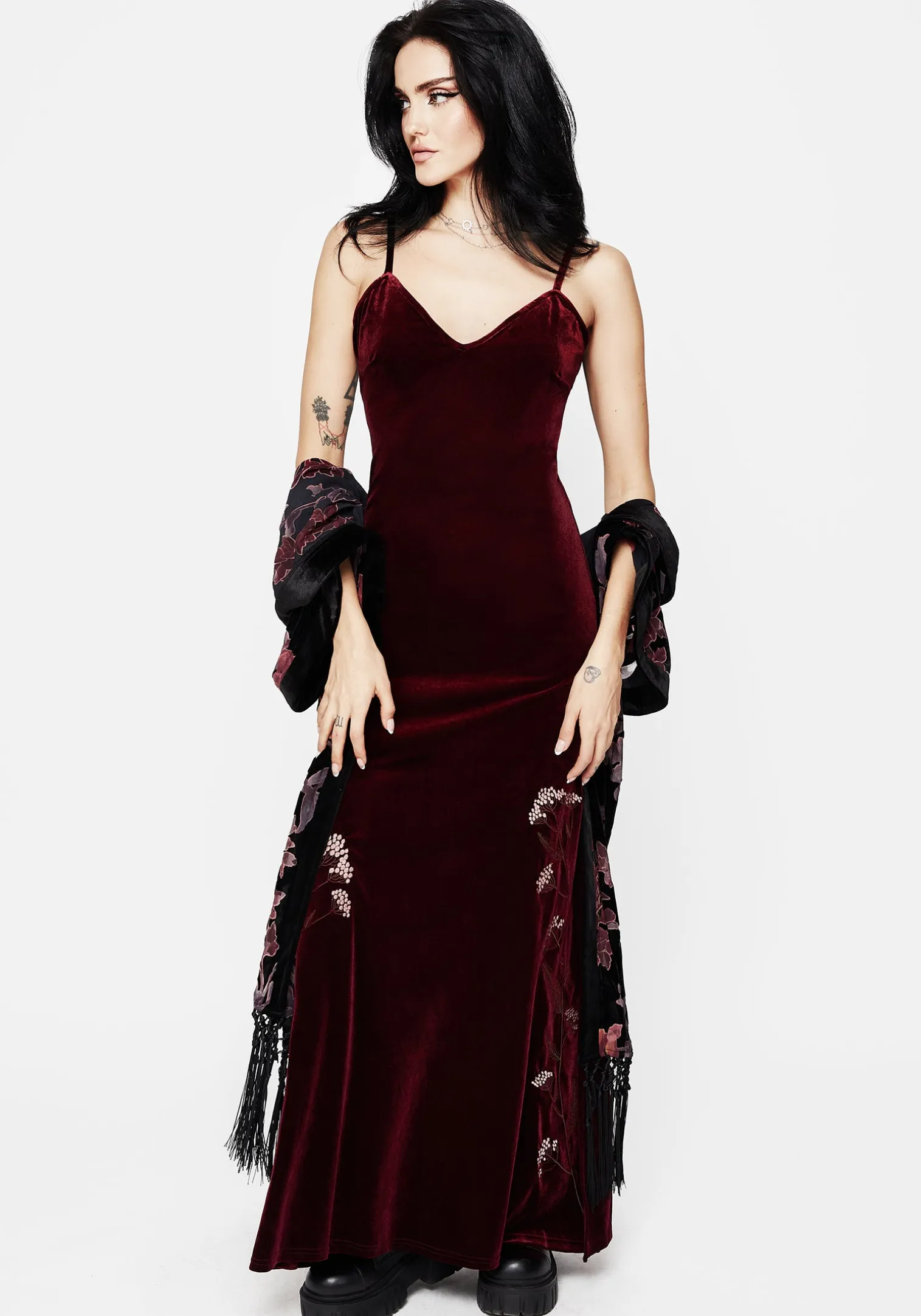 Virosa Floral Embroidered Velour Gown