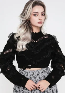 Volla Lace Ruffle Distressed Knit Crop Sweater