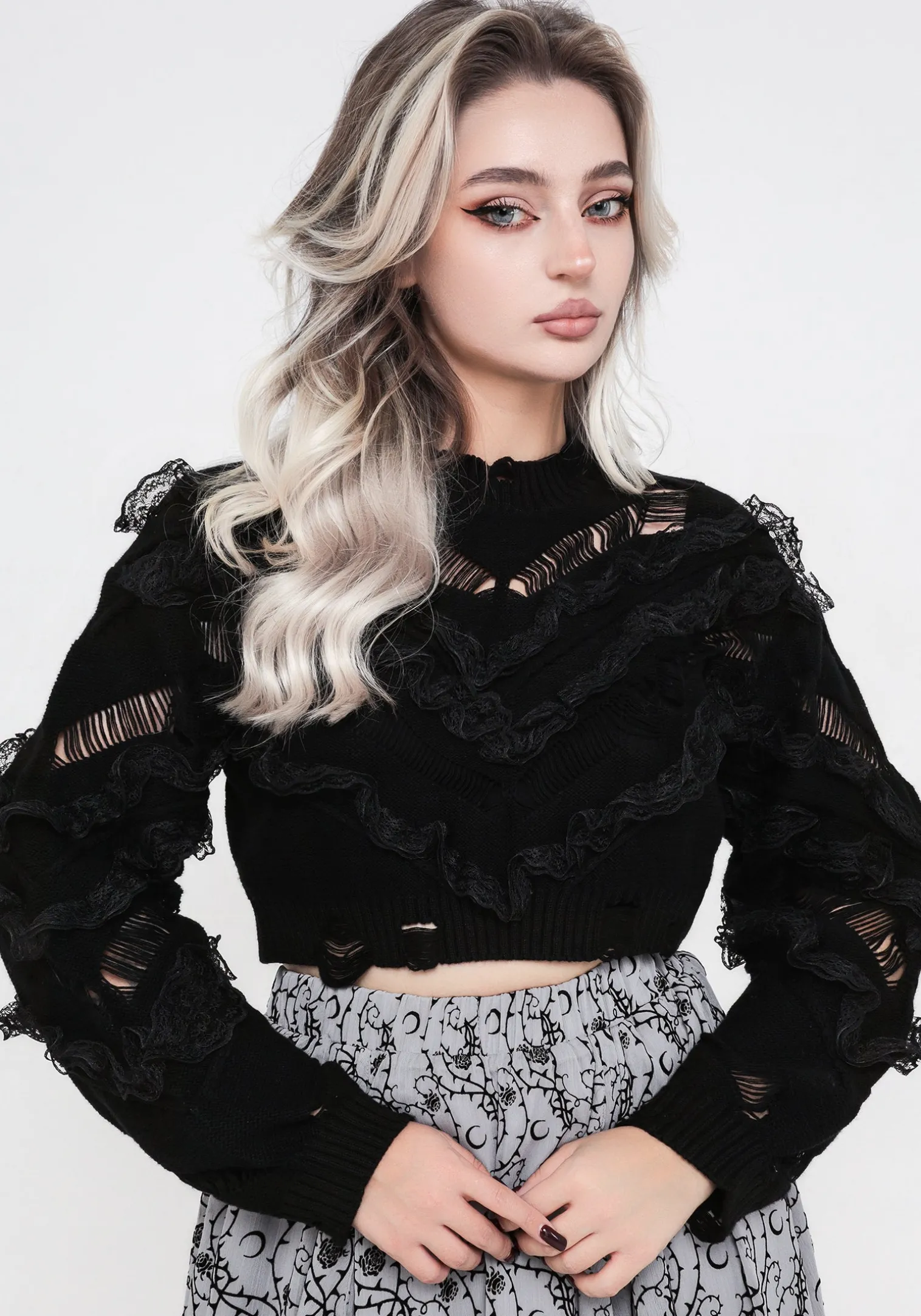 Volla Lace Ruffle Distressed Knit Crop Sweater