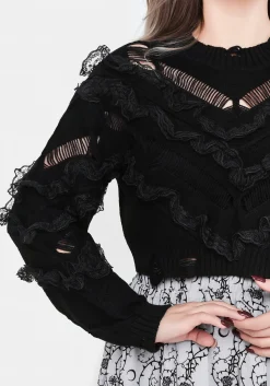 Volla Lace Ruffle Distressed Knit Crop Sweater