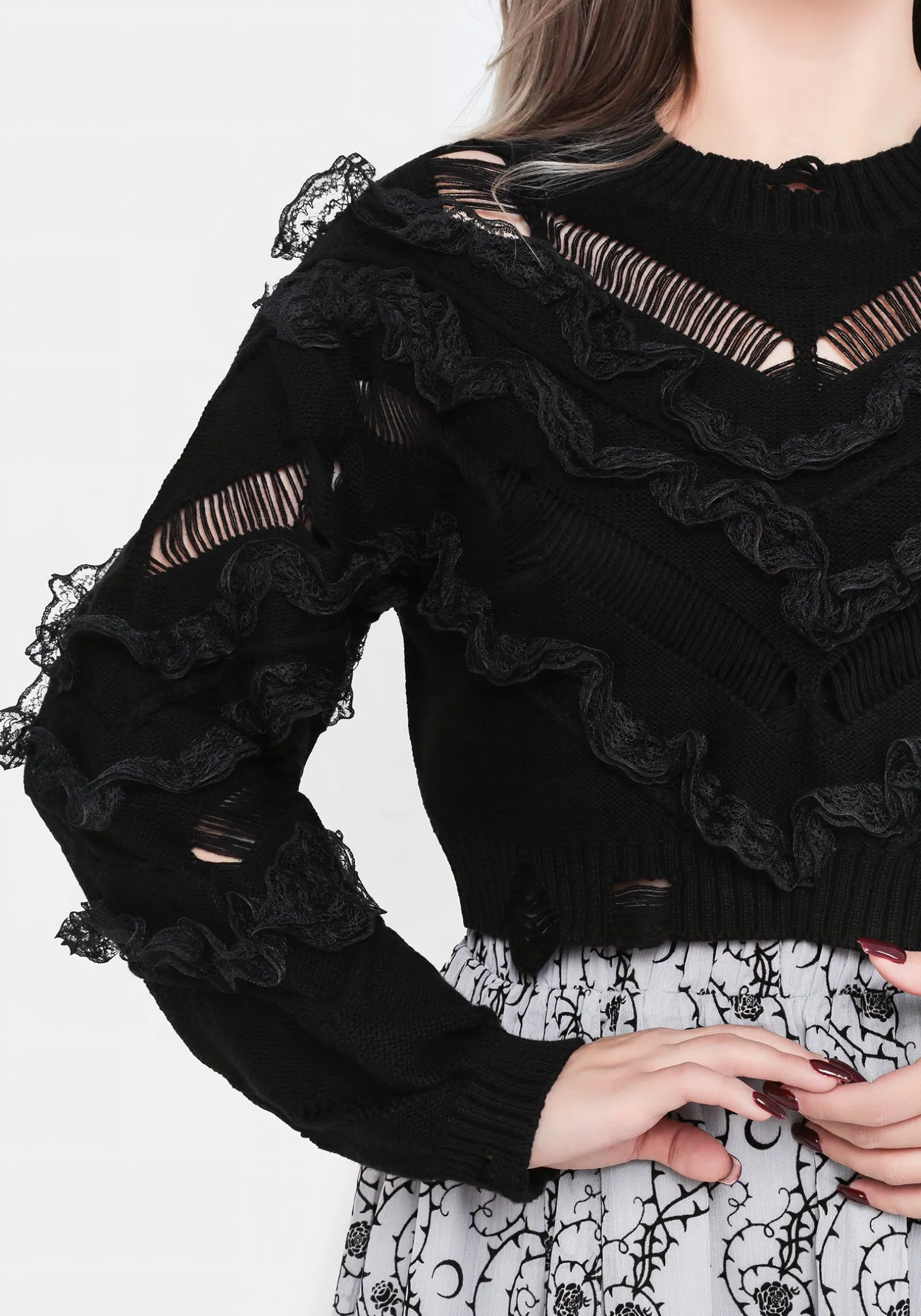 Volla Lace Ruffle Distressed Knit Crop Sweater