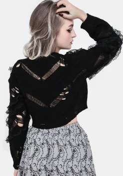 Volla Lace Ruffle Distressed Knit Crop Sweater