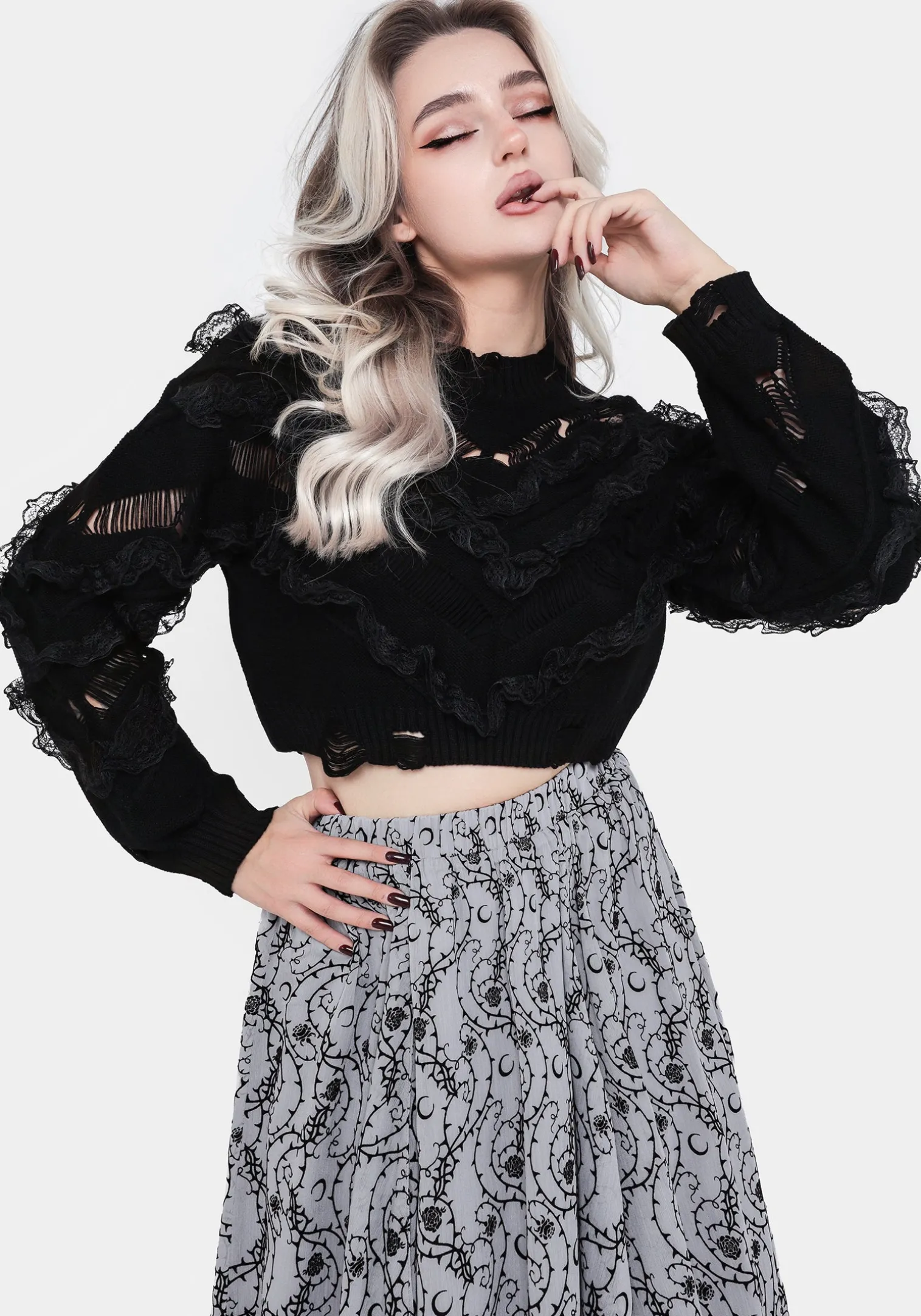 Volla Lace Ruffle Distressed Knit Crop Sweater