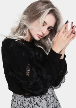 Volla Lace Ruffle Distressed Knit Crop Sweater