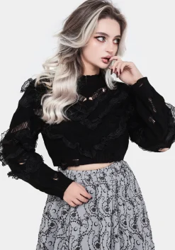 Volla Lace Ruffle Distressed Knit Crop Sweater