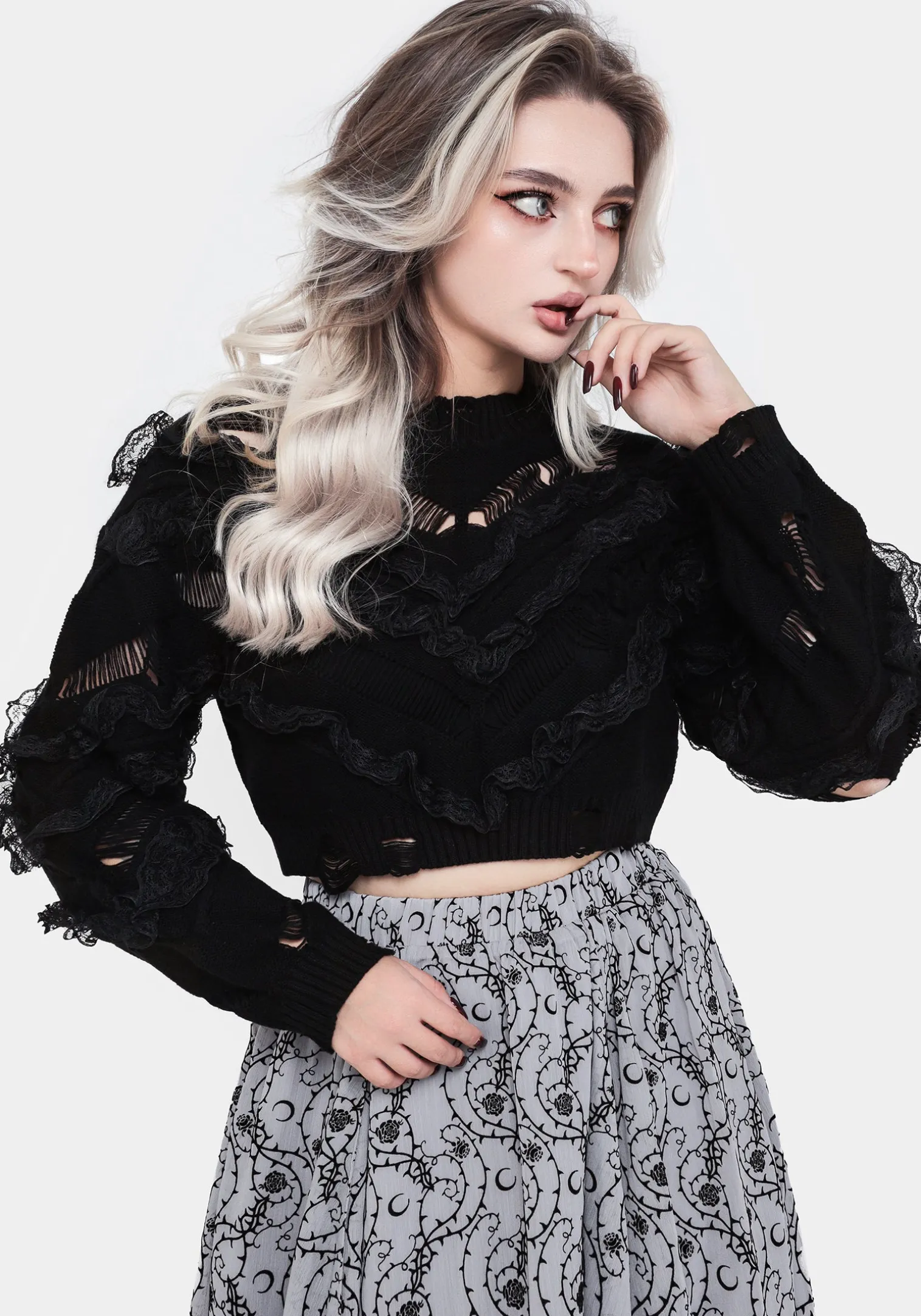 Volla Lace Ruffle Distressed Knit Crop Sweater