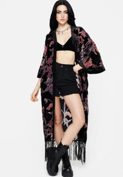 Waterlily Burnout Fringe Trim Longline Kimono