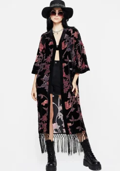 Waterlily Burnout Fringe Trim Longline Kimono
