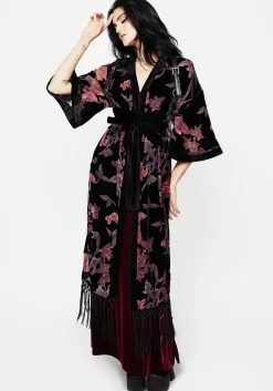 Waterlily Burnout Fringe Trim Longline Kimono