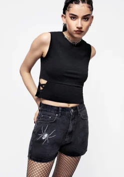 Widow Embroidered Denim Mom Short