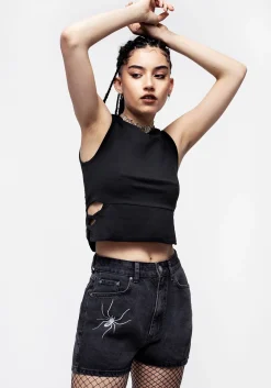 Widow Embroidered Denim Mom Short