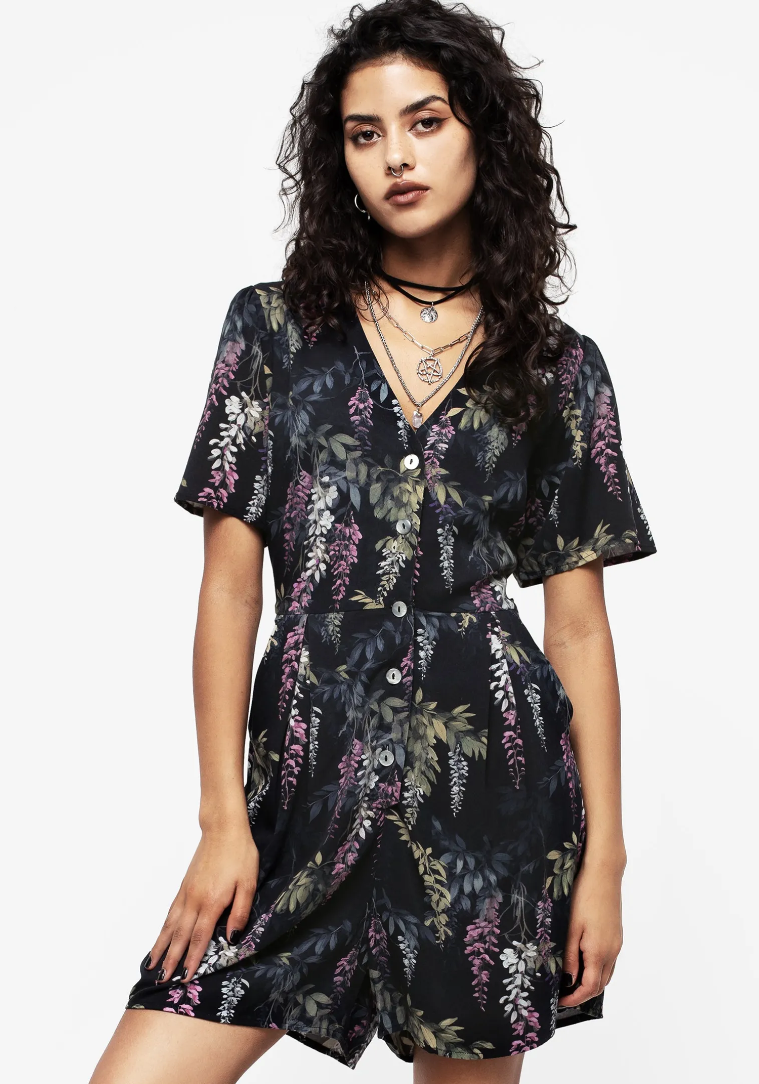 Wisteria Floral Print Button Up Playsuit