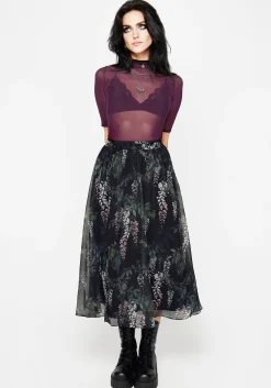 Wisteria Floral Print Chiffon Midi Skirt