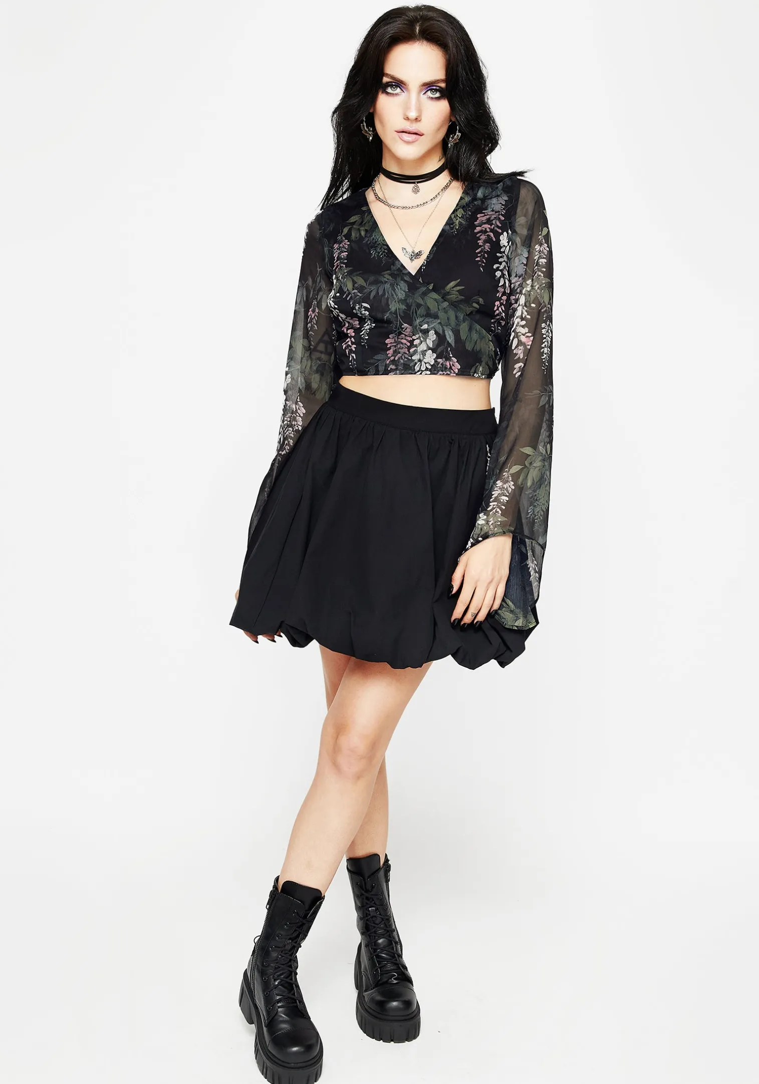 Wisteria Floral Print Chiffon Bell Sleeve Wrap Tie Top
