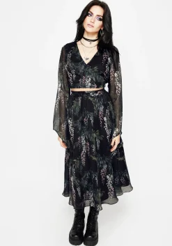 Wisteria Floral Print Chiffon Bell Sleeve Wrap Tie Top