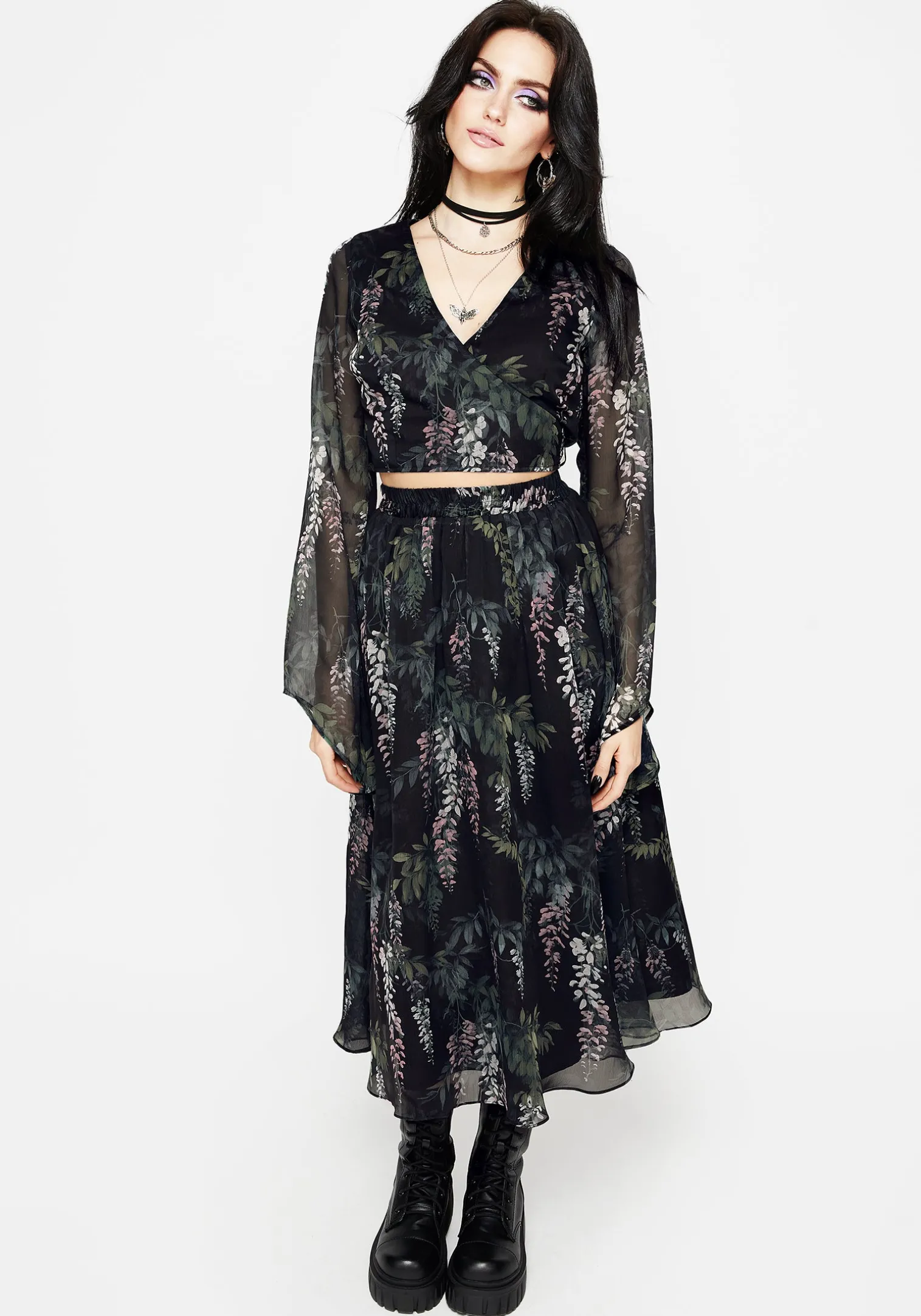 Wisteria Floral Print Chiffon Bell Sleeve Wrap Tie Top