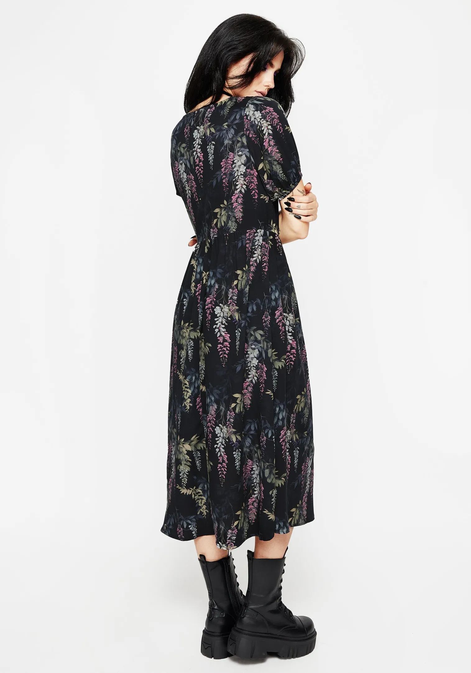 Wisteria Floral Print Puff Sleeve Midi Dress