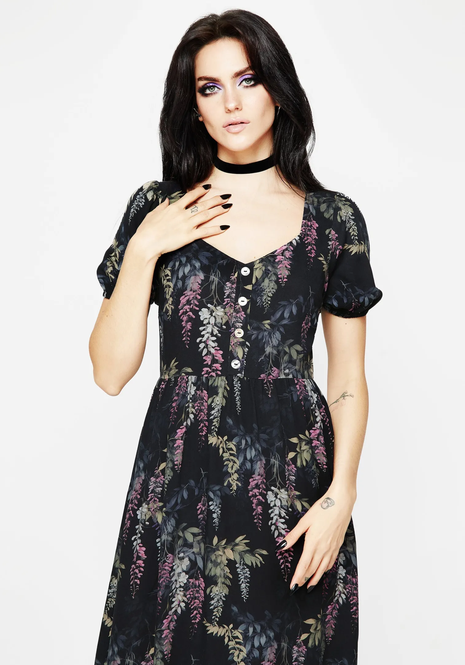 Wisteria Floral Print Puff Sleeve Midi Dress