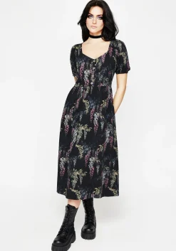 Wisteria Floral Print Puff Sleeve Midi Dress