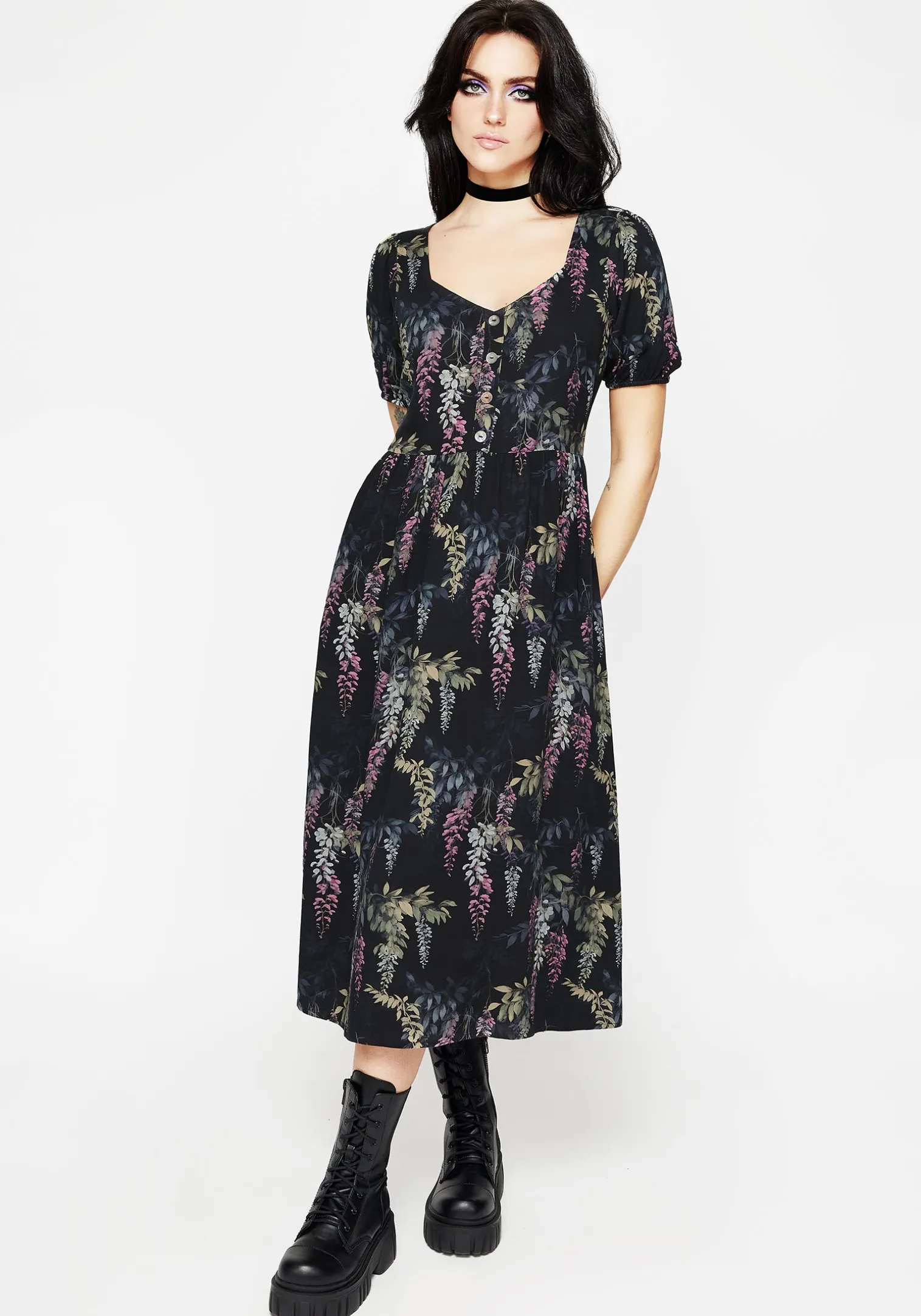 Wisteria Floral Print Puff Sleeve Midi Dress