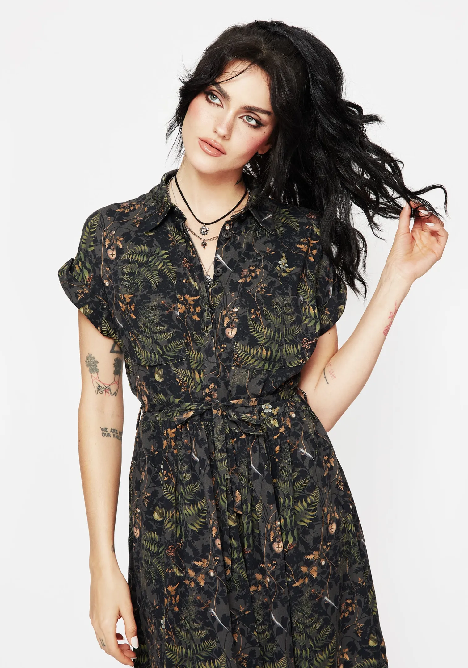 Wither Fern Print Midi Shirt Dress