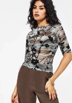 Wytchelm Flocked Mesh Short Sleeve Top - Blue