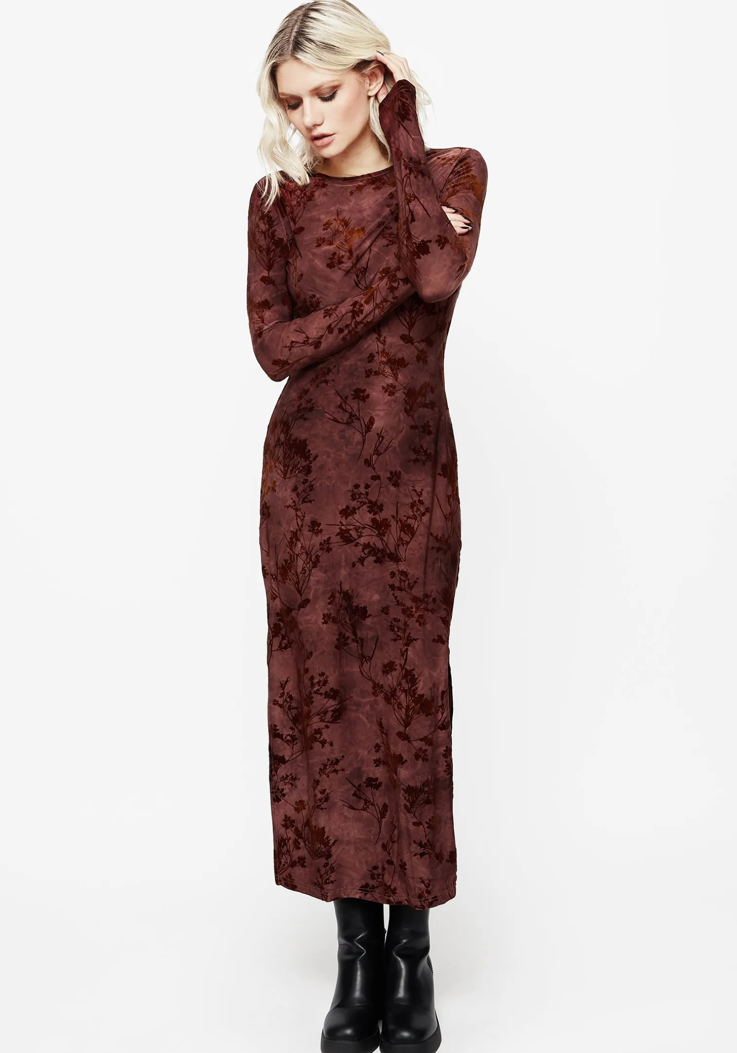 Wytchelm Flocked Velour Midaxi Dress - Red