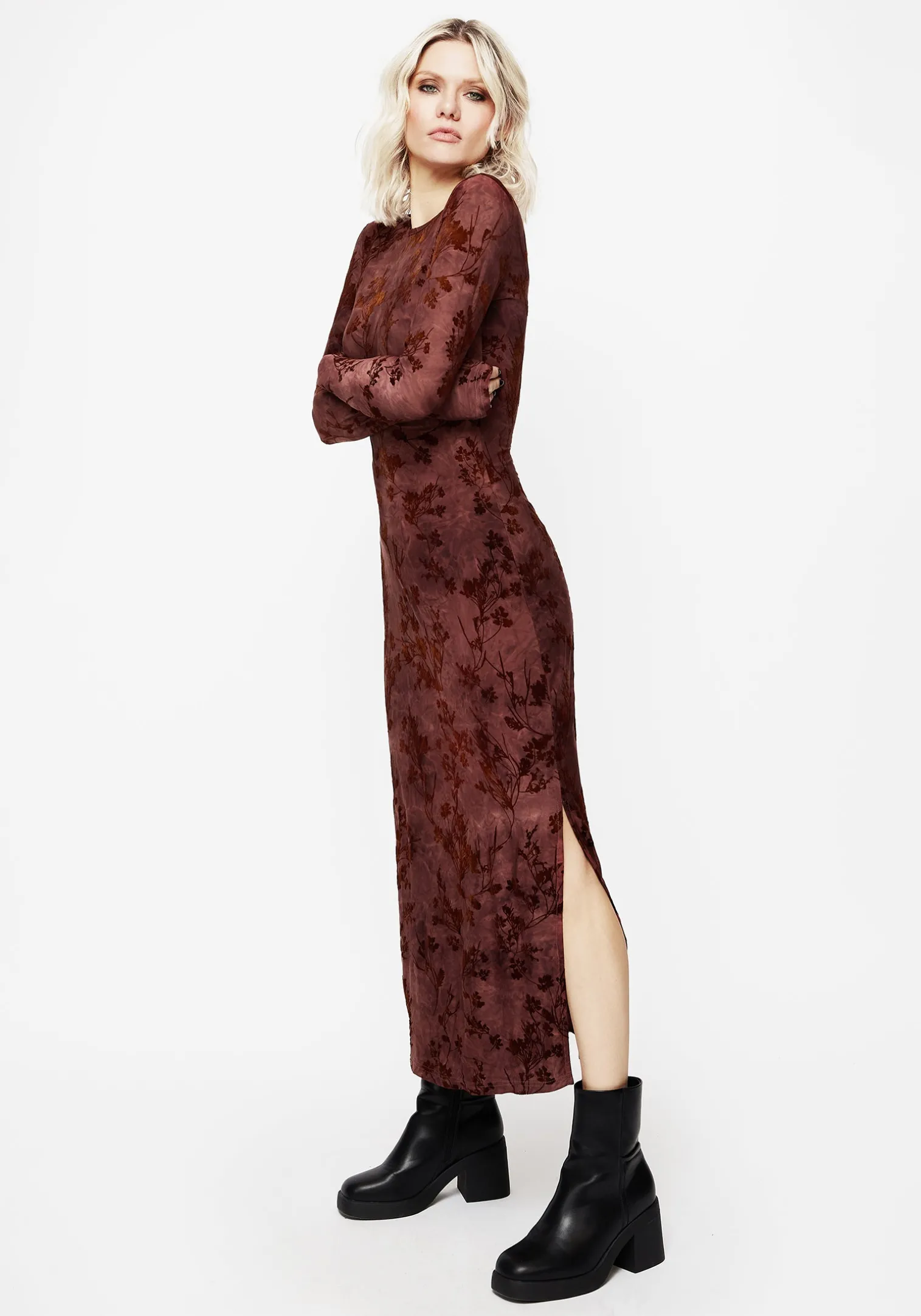 Wytchelm Flocked Velour Midaxi Dress - Red