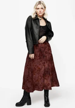 Wytchelm Floral Flocked Velour Midaxi Skirt - Red